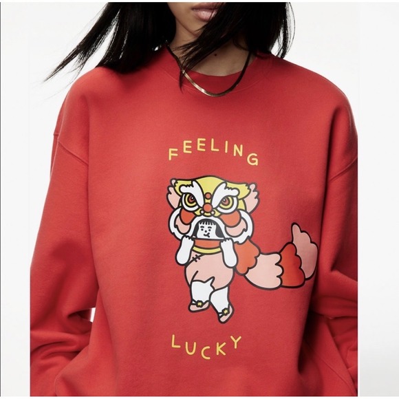 TNA Tops - NEW Tna Aritzia S Cozy Fleece Boyfriend Feeling Lucky Sweatshirt Lunar New Year